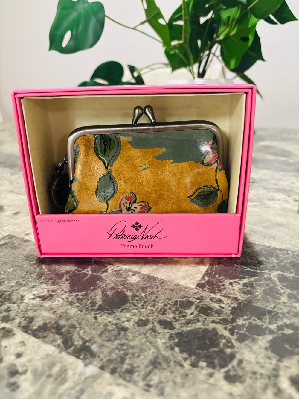 Patricia Nash Mustard Yellow and Dark Green Floral Leather Frame Pouch